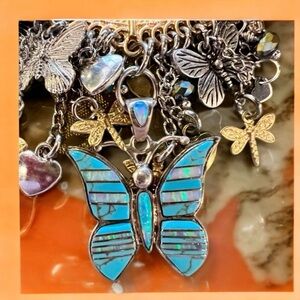 Vintage Turquoise, mother of pearl and abalone Butterfly charm necklace